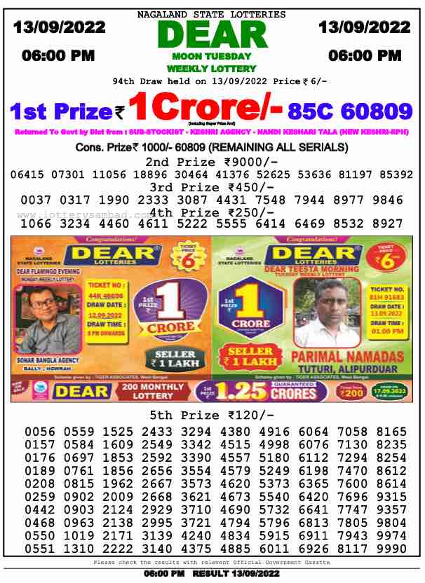 Download Result of Nagaland State Dear 6 13-09-2022 Draw at 6:00Pm