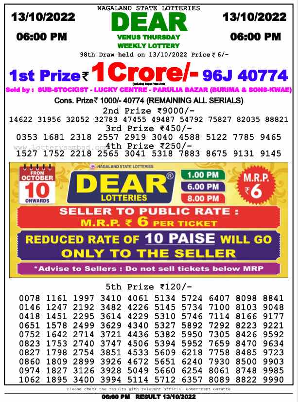 Download Result of Nagaland State Dear 6 13-10-2022 Draw at 6:00Pm