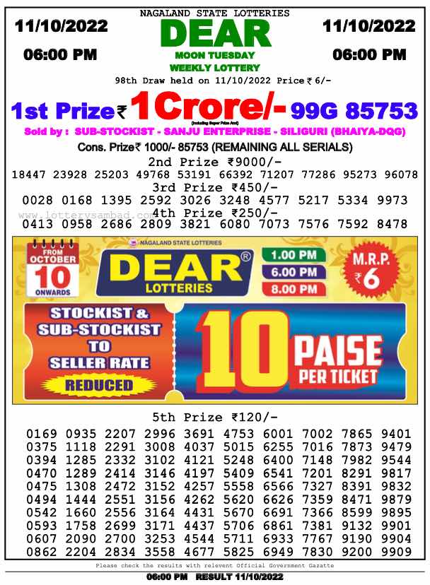 Download Result of Nagaland State Dear 6 11-10-2022 Draw at 6:00Pm