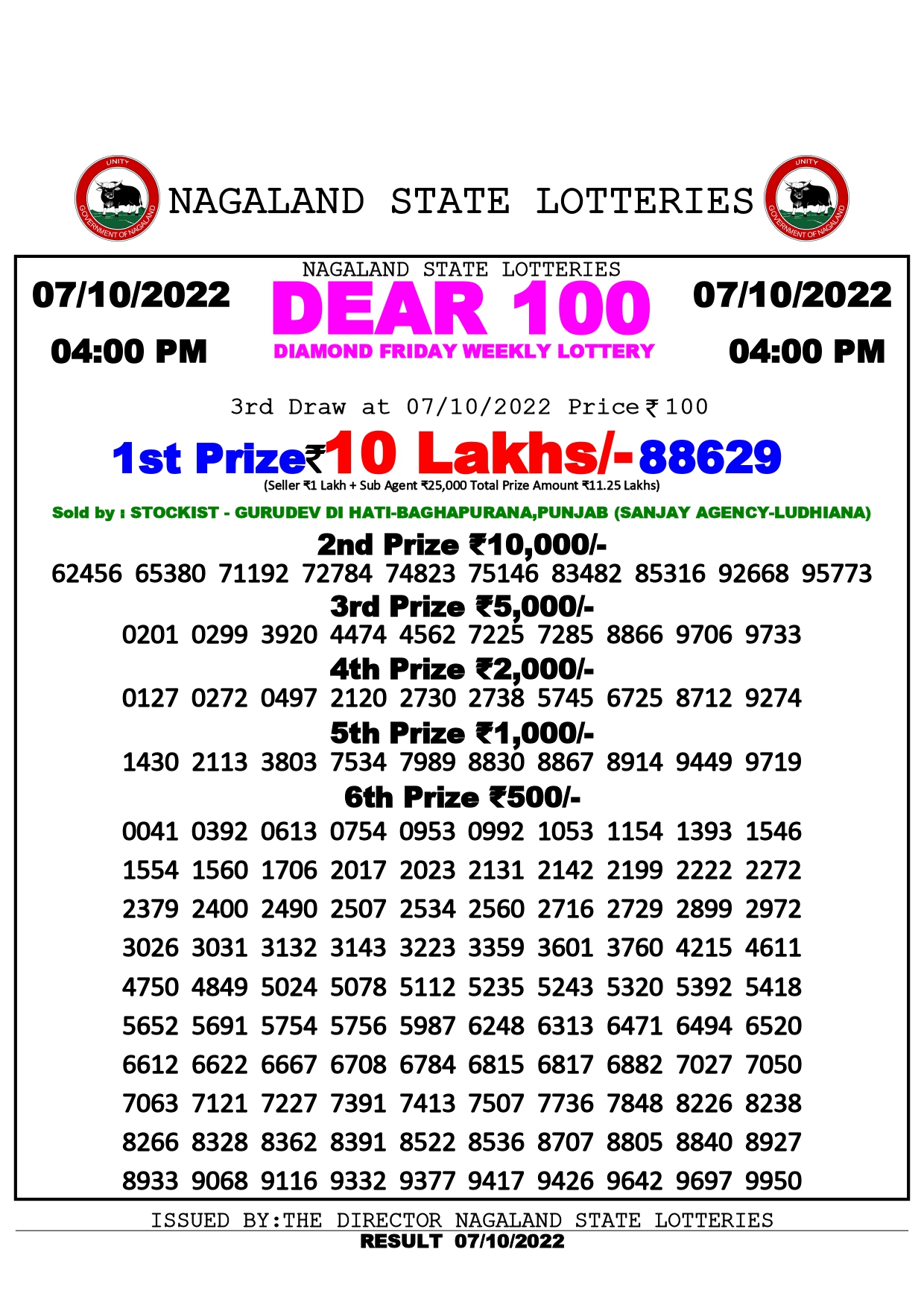 Download Result of Nagaland State Dear 100 07-10-2022 Draw at 4:00Pm