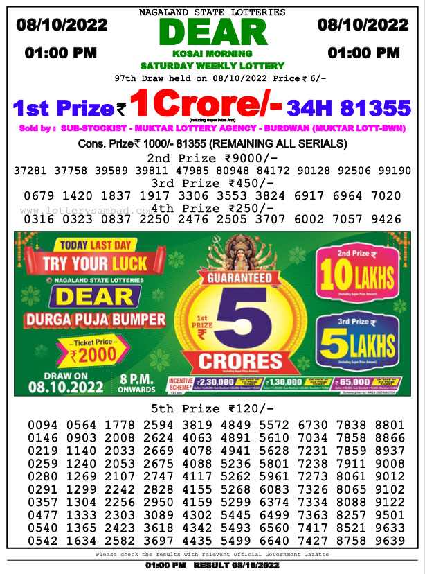 Download Result of Nagaland State Dear 6 08-10-2022 Draw at 1:00Pm