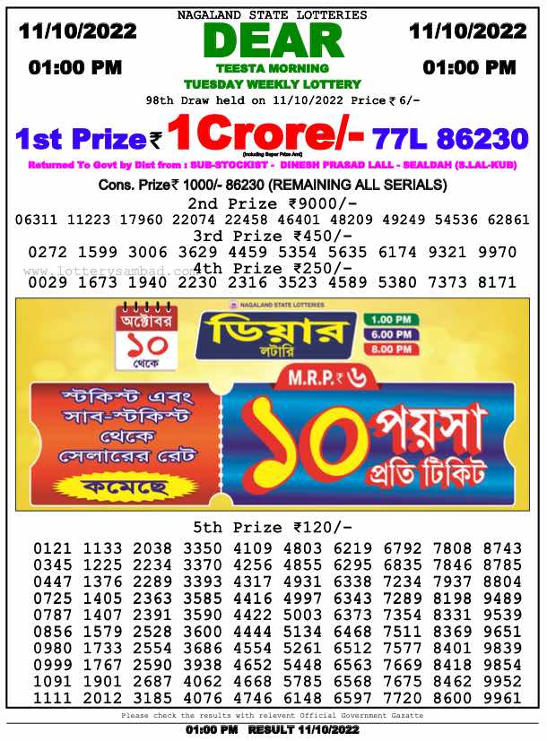 Download Result of Nagaland State Dear 6 11-10-2022 Draw at 1:00Pm