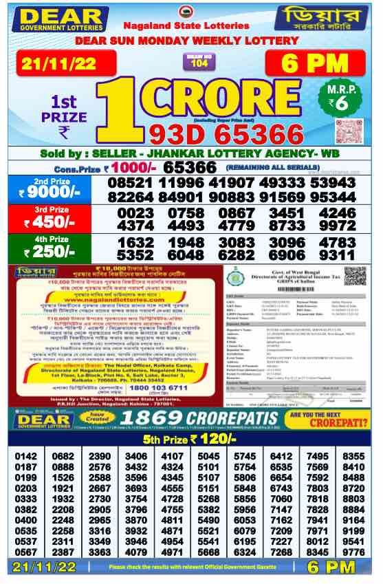 Download Result of Nagaland State Dear 6 21-11-2022 Draw at 6:00Pm