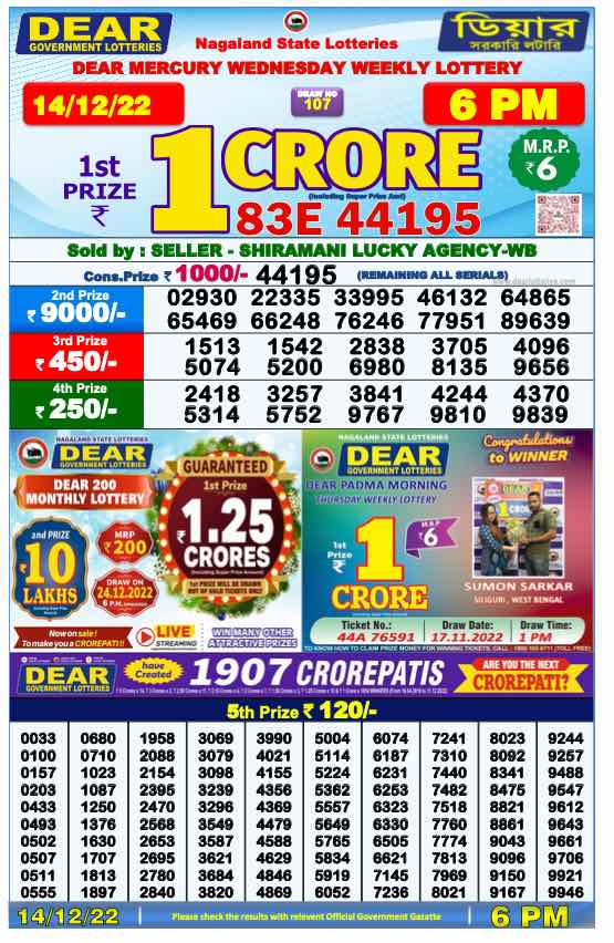 Download Result of Nagaland State Dear 6 14-12-2022 Draw at 6:00Pm