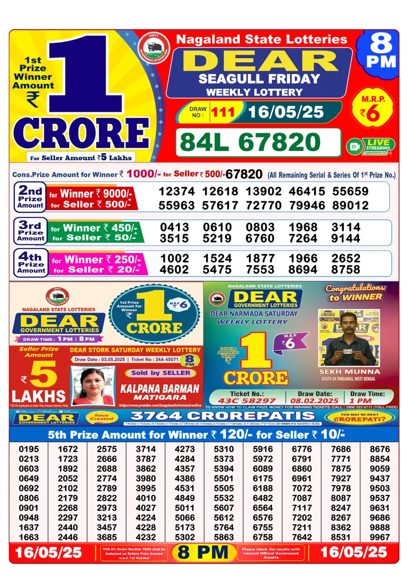 Result Of Nagaland state Dear Weekly Lottery Draw 16-05-2025 at 8 PM