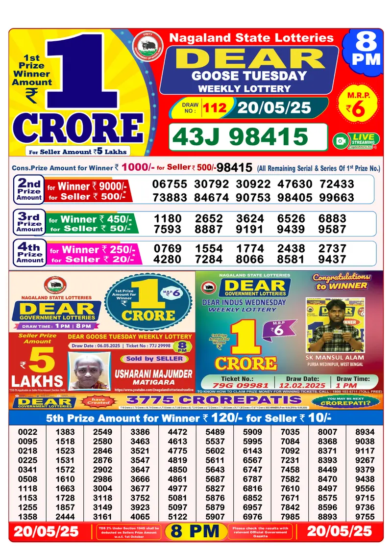 Result Of Nagaland state Dear Weekly Lottery Draw 20-05-2025 at 8 PM