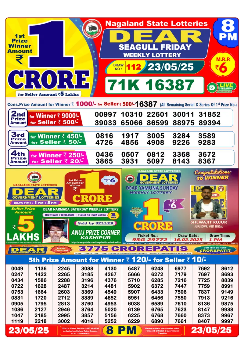 Result Of Nagaland state Dear Weekly Lottery Draw 23-05-2025 at 8 PM
