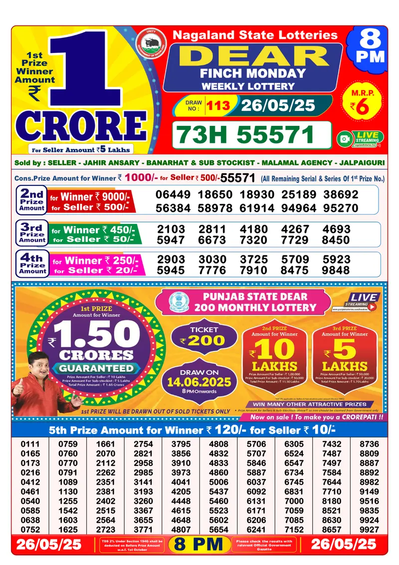 Result Of Nagaland state Dear Weekly Lottery Draw 26-05-2025 at 8 PM