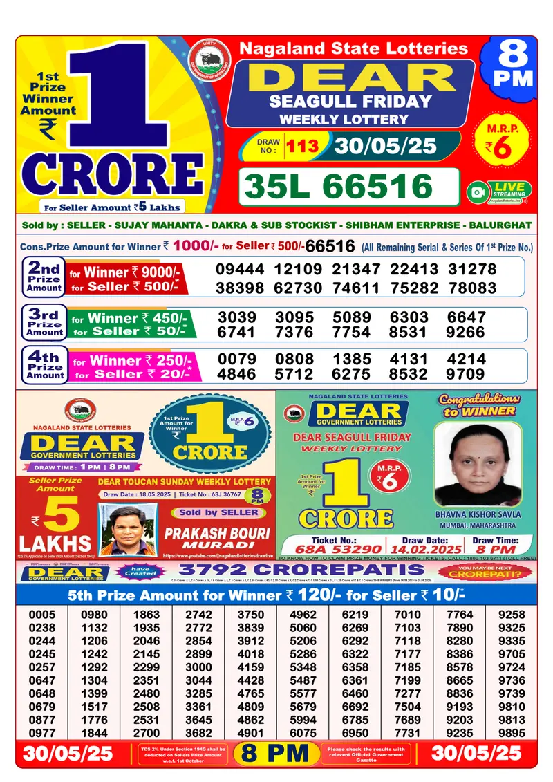 Result Of Nagaland state Dear Weekly Lottery Draw 30-05-2025 at 8 PM
