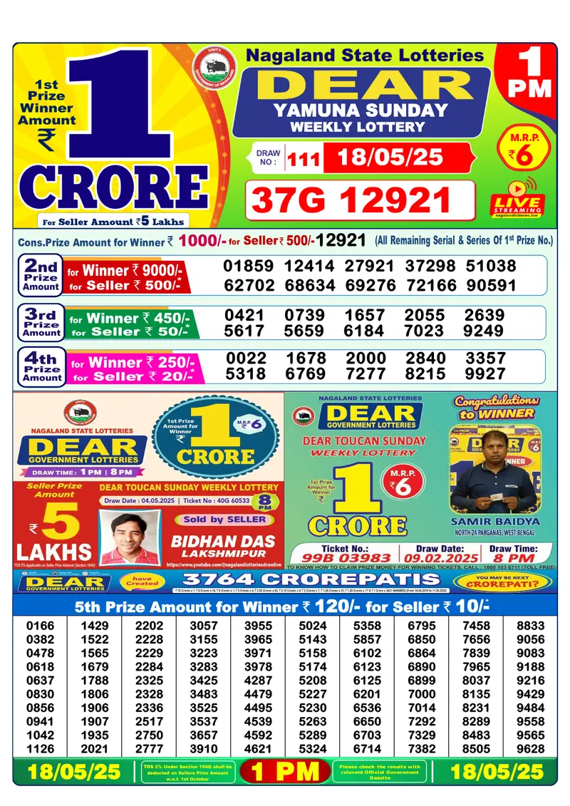 Result Of Nagaland state Dear Weekly Lottery Draw 18-05-2025 at 1 PM
