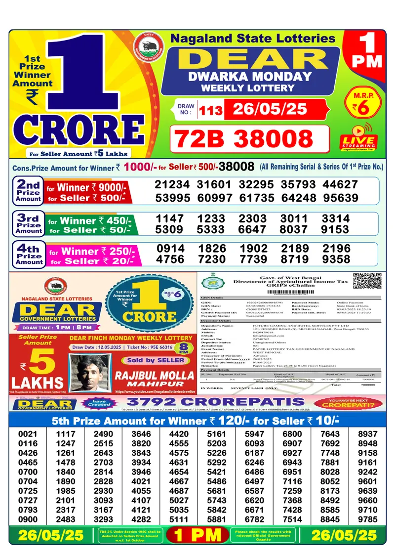 Result Of Nagaland state Dear Weekly Lottery Draw 26-05-2025 at 1 PM