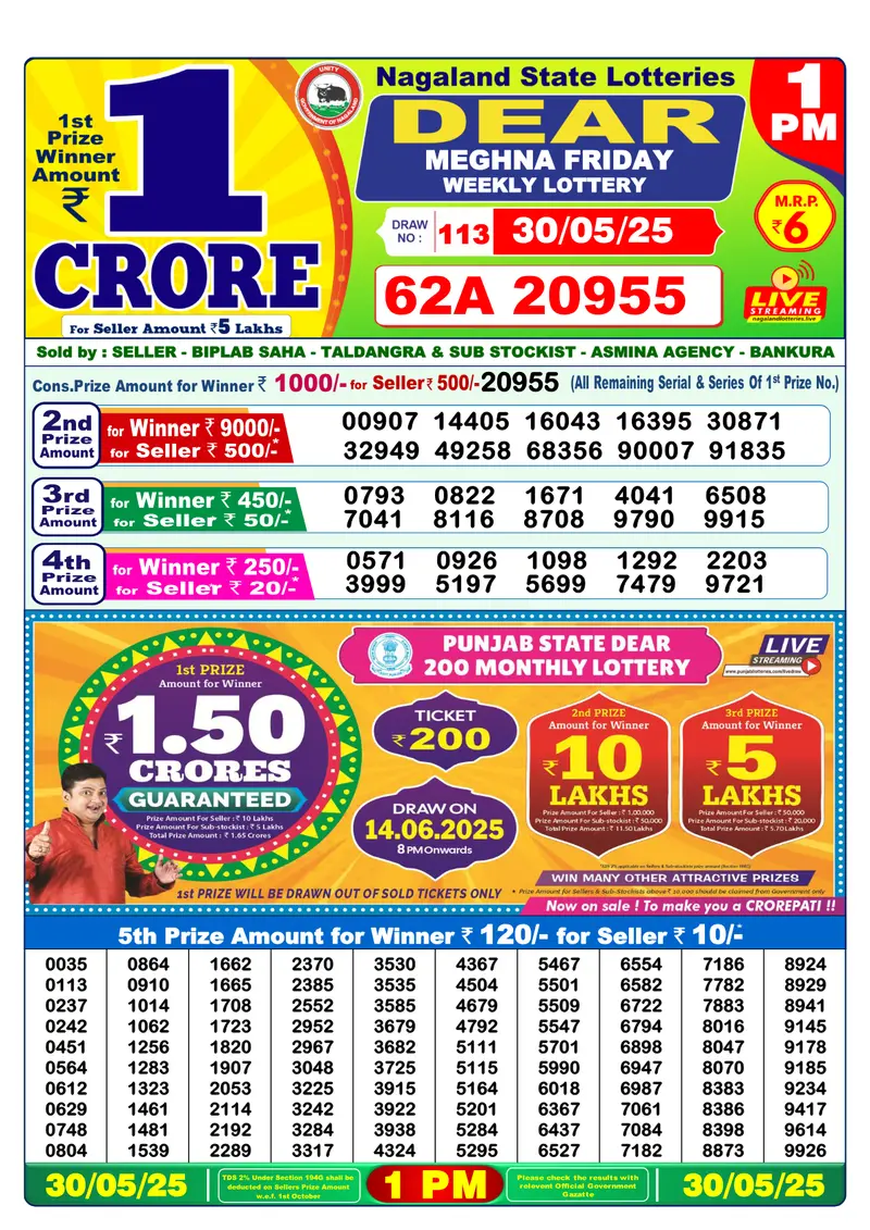 Result Of Nagaland state Dear Weekly Lottery Draw 30-05-2025 at 1 PM