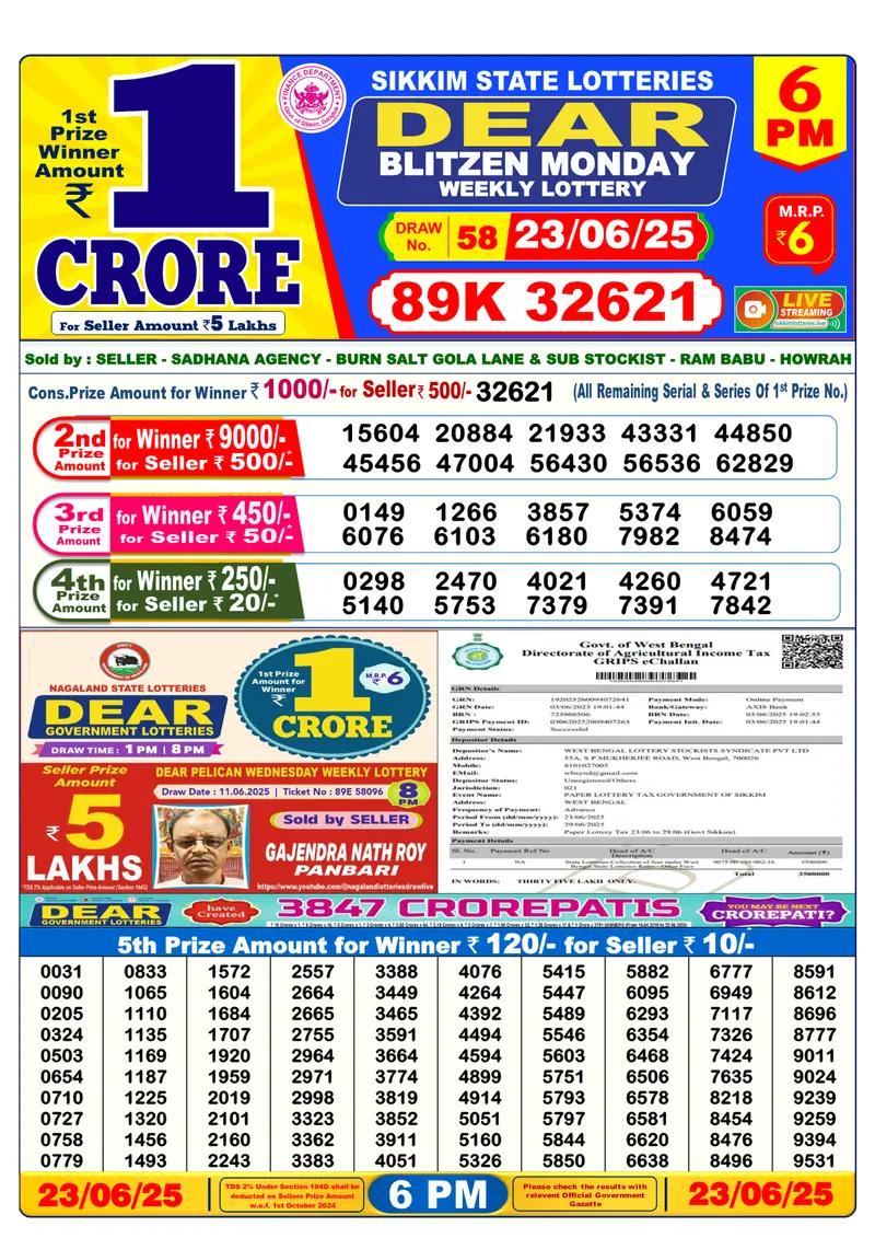 Result Of Nagaland state Dear Weekly Lottery Draw 23-06-2025 at 6 PM