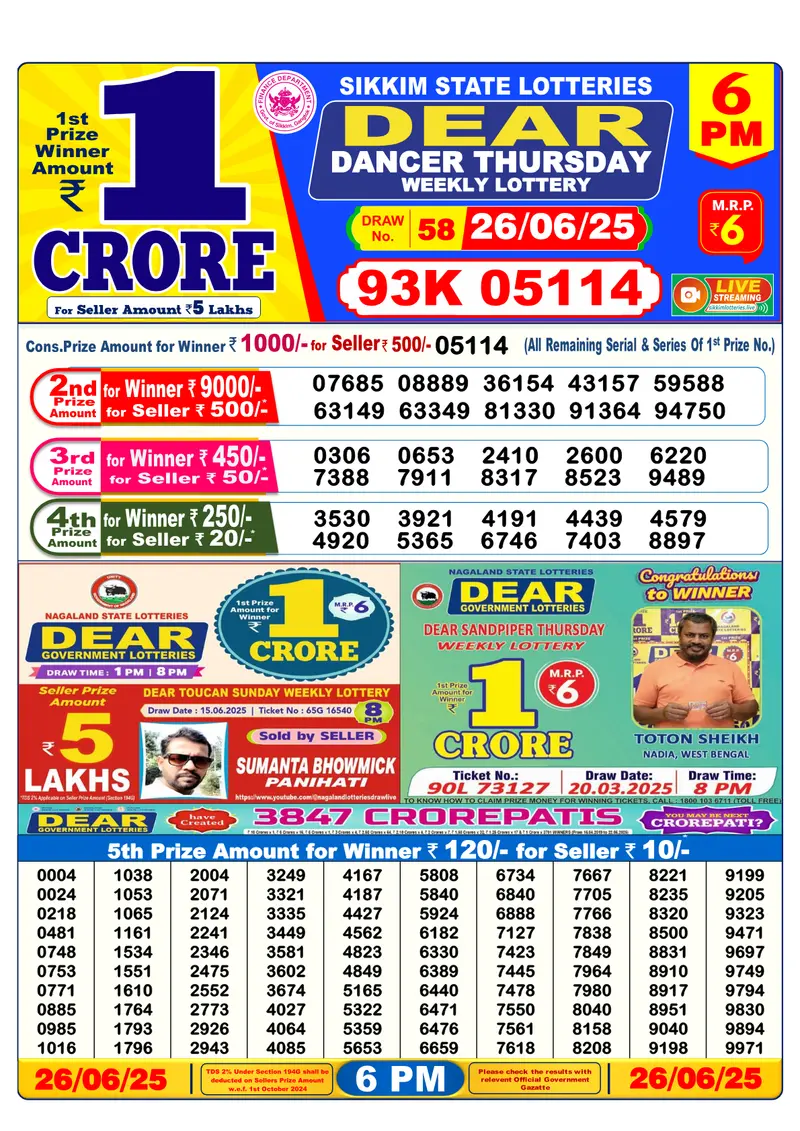 Result Of Nagaland state Dear Weekly Lottery Draw 26-06-2025 at 6 PM