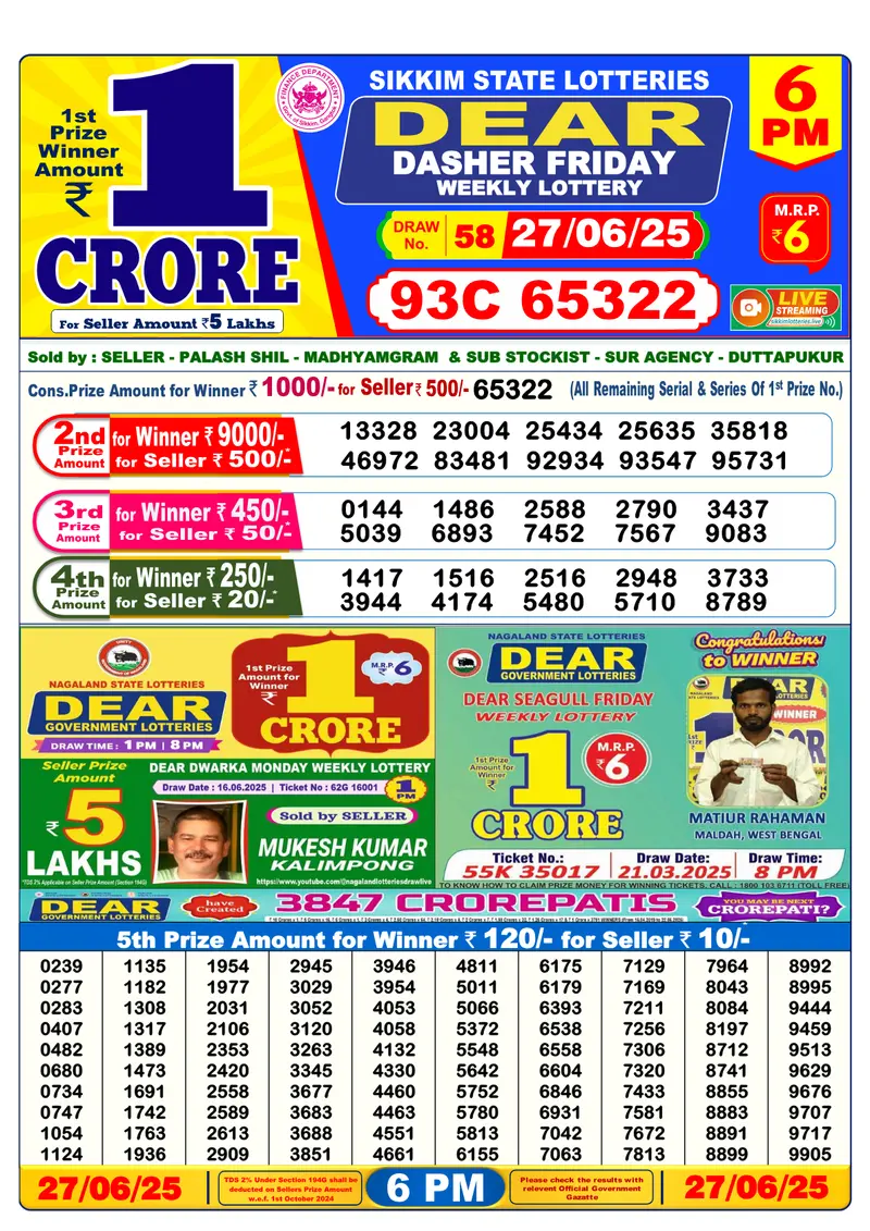 Result Of Nagaland state Dear Weekly Lottery Draw 27-06-2025 at 6 PM