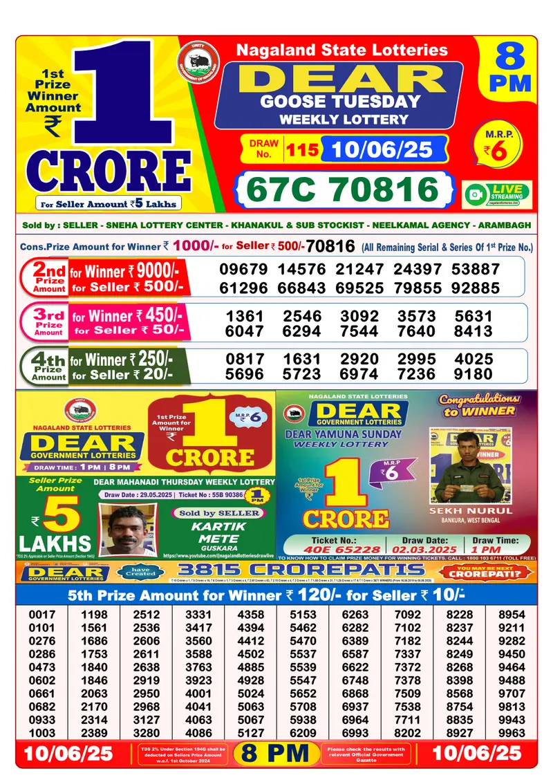 Result Of Nagaland state Dear Weekly Lottery Draw 10-06-2025 at 8 PM