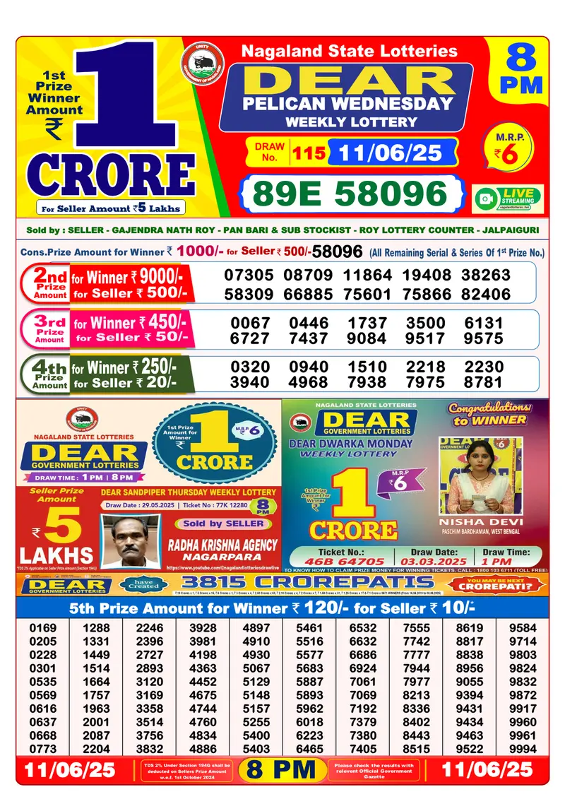 Result Of Nagaland state Dear Weekly Lottery Draw 11-06-2025 at 8 PM