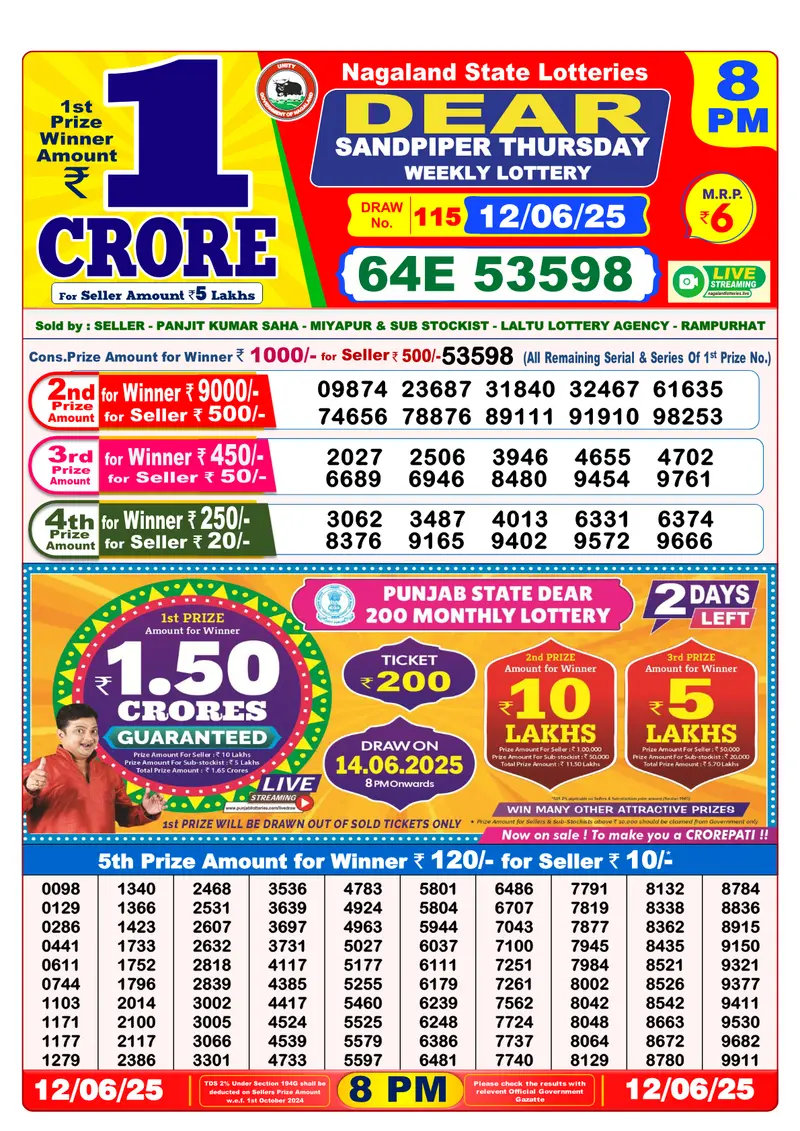 Result Of Nagaland state Dear Weekly Lottery Draw 12-06-2025 at 8 PM