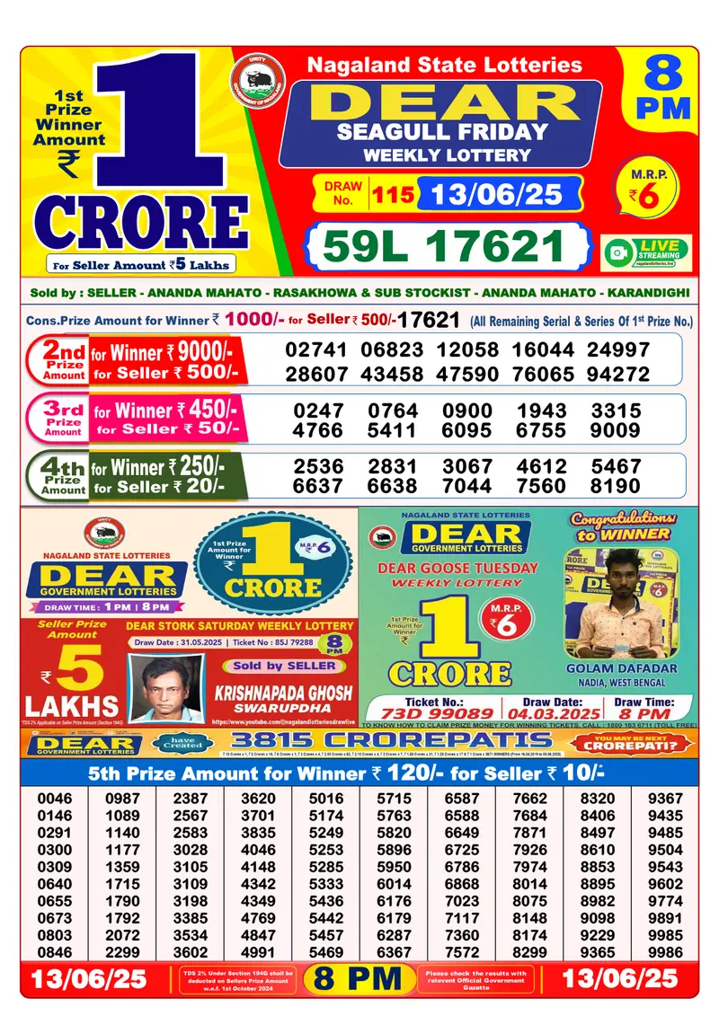 Result Of Nagaland state Dear Weekly Lottery Draw 13-06-2025 at 8 PM