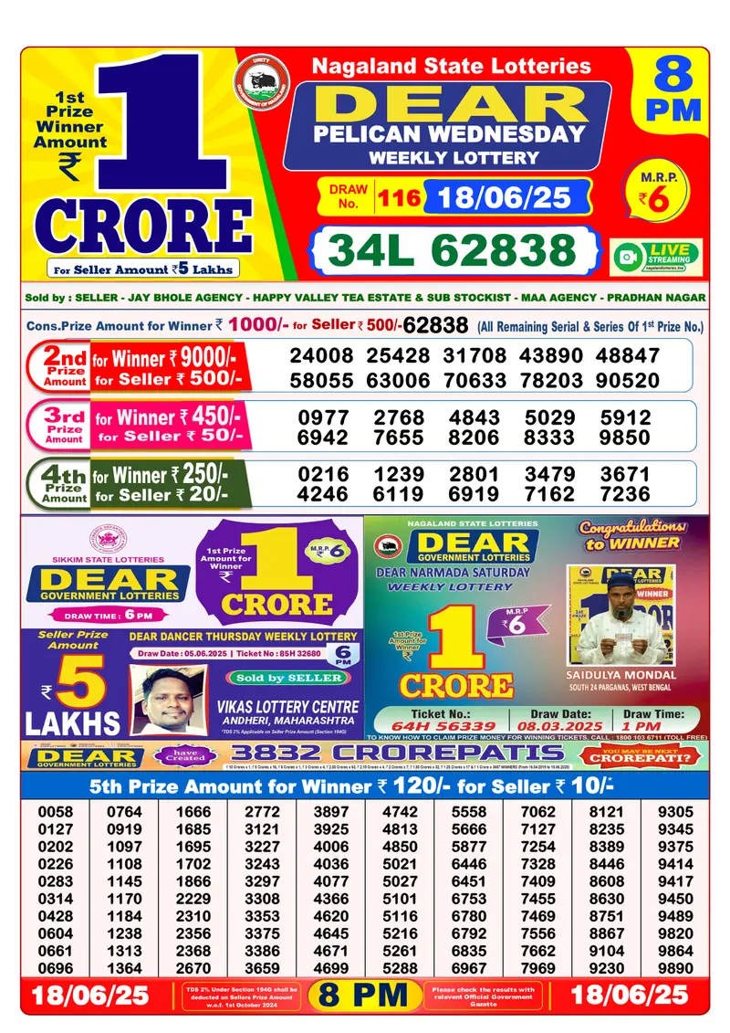 Result Of Nagaland state Dear Weekly Lottery Draw 18-06-2025 at 8 PM