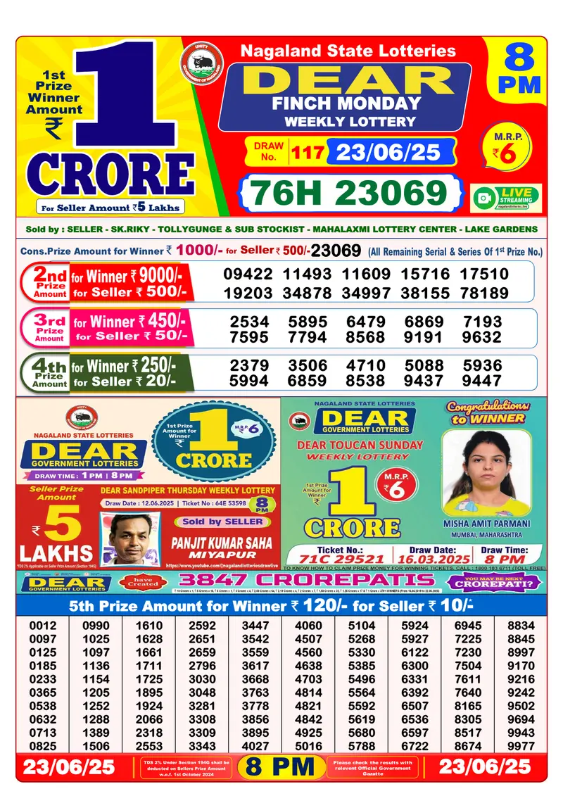 Result Of Nagaland state Dear Weekly Lottery Draw 23-06-2025 at 8 PM