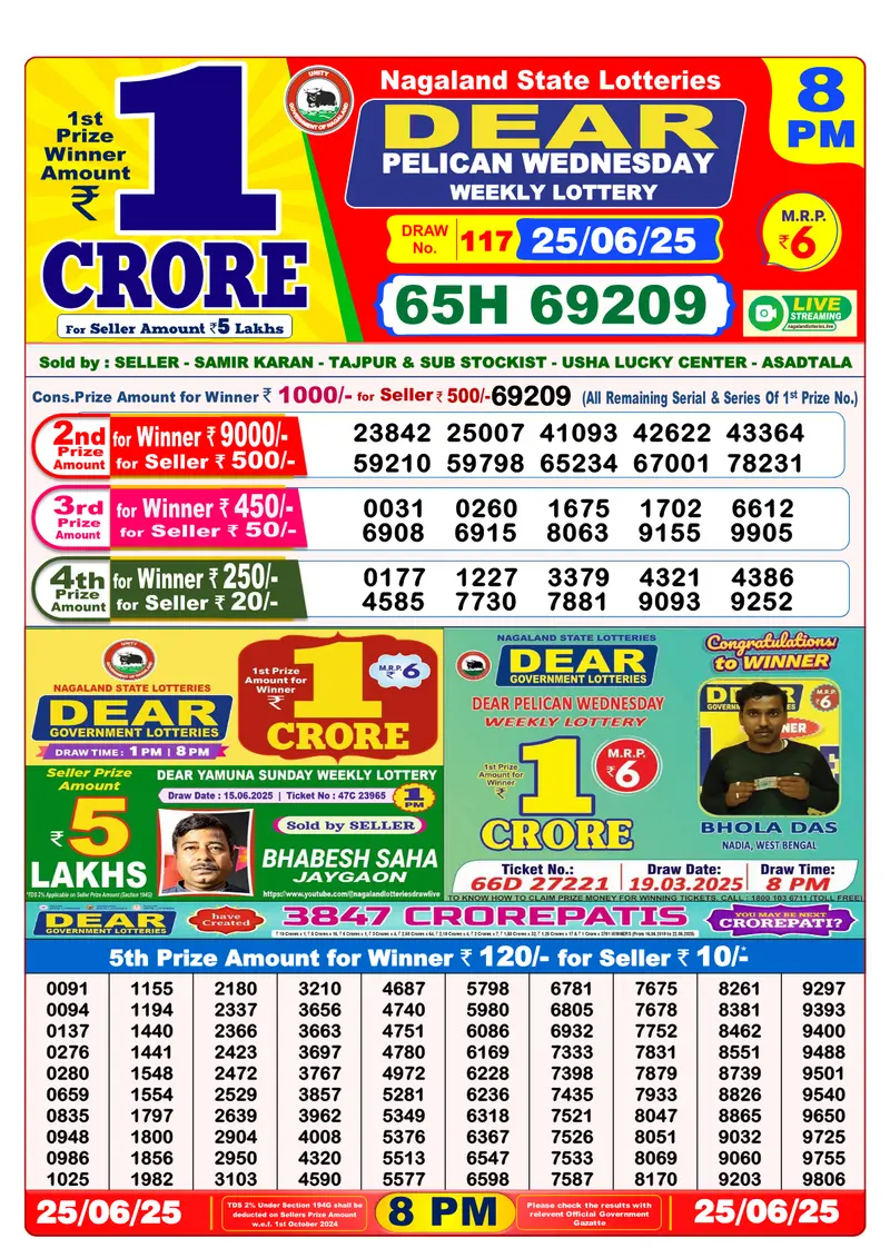Result Of Nagaland state Dear Weekly Lottery Draw 25-06-2025 at 8 PM