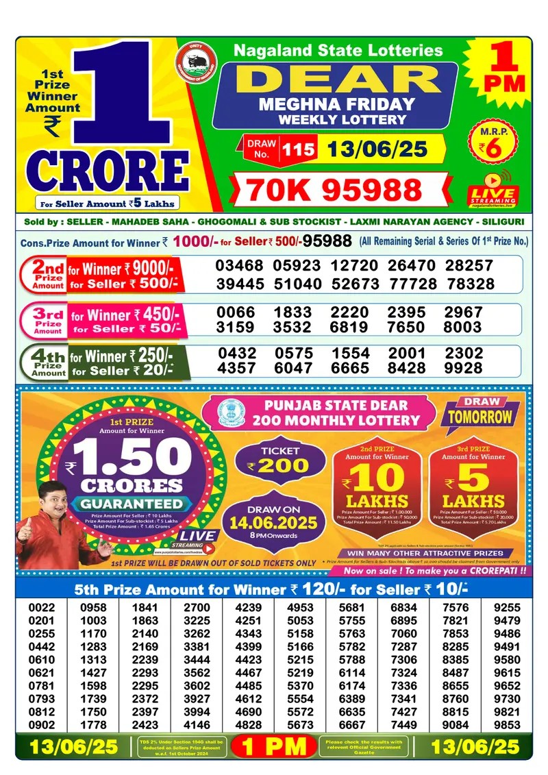Result Of Nagaland state Dear Weekly Lottery Draw 13-06-2025 at 1 PM