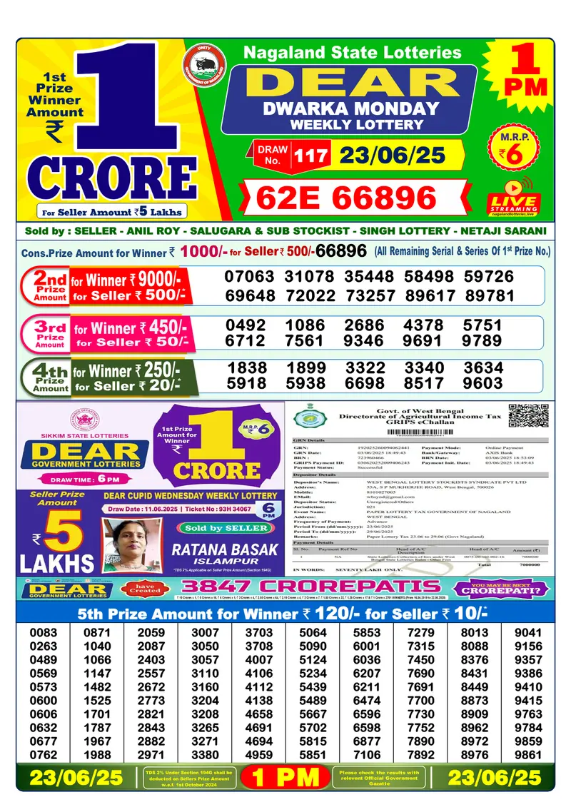 Result Of Nagaland state Dear Weekly Lottery Draw 23-06-2025 at 1 PM